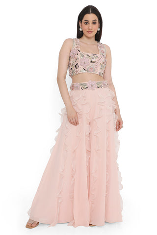 Rose pink embroidered choli with ruffled sharara