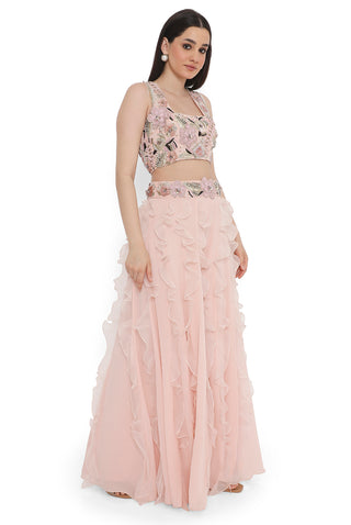 Rose pink embroidered choli with ruffled sharara