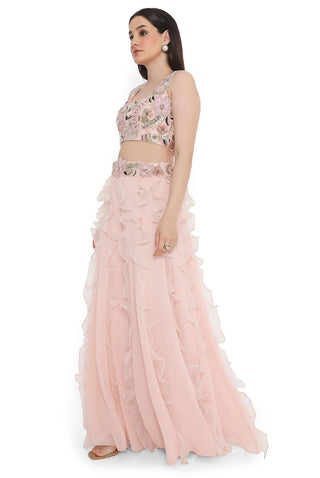 Rose pink embroidered choli with ruffled sharara