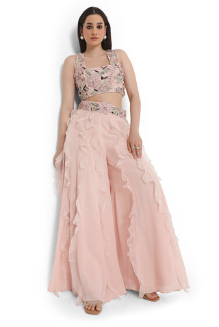 Rose pink embroidered choli with ruffled sharara