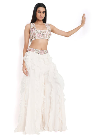 Offwhite embroidered choli and ruffle sharara