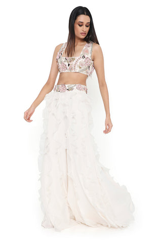 Offwhite embroidered choli and ruffle sharara