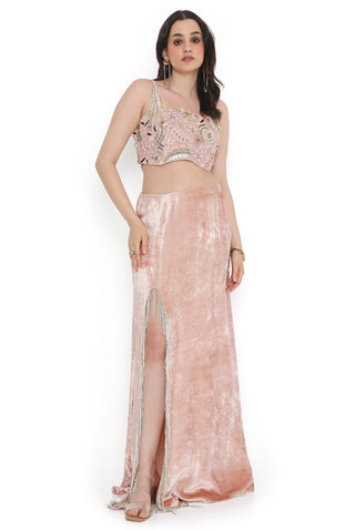 Pink embroidered choli with side slit skirt