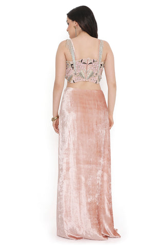 Pink embroidered choli with side slit skirt