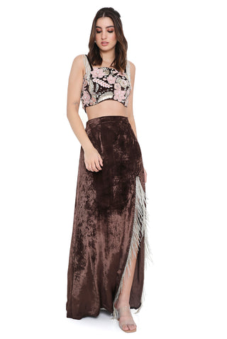 Brown embroidered choli and slit skirt