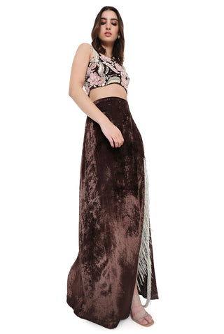 Brown embroidered choli and slit skirt