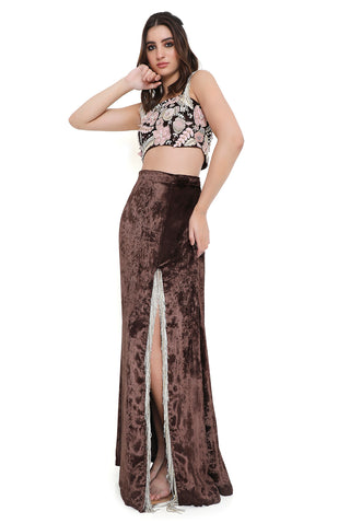 Brown embroidered choli and slit skirt