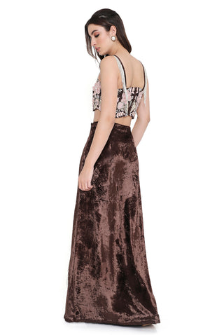 Brown embroidered choli and slit skirt