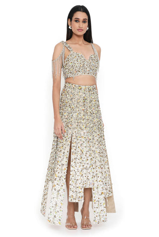 Offwhite embroidered choli with high low skirt
