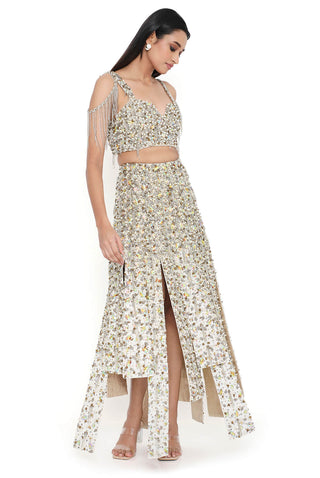 Offwhite embroidered choli with high low skirt