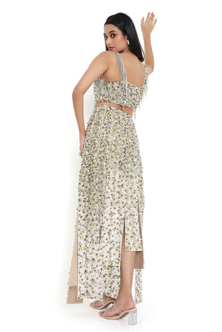 Offwhite embroidered choli with high low skirt