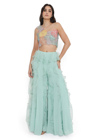 Aqua embroidered choli with ruffled sharara