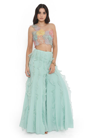 Aqua embroidered choli with ruffled sharara