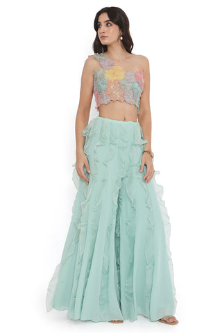 Aqua embroidered choli with ruffled sharara