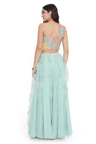 Aqua embroidered choli with ruffled sharara
