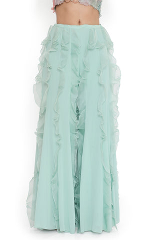 Aqua embroidered choli with ruffled sharara