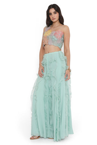 Aqua embroidered choli with ruffled sharara