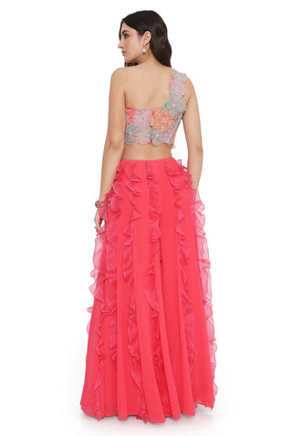 Hot pink embroidered choli with ruffled sharara