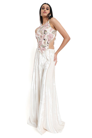 Offwhite velvet embroidered choli and sharara