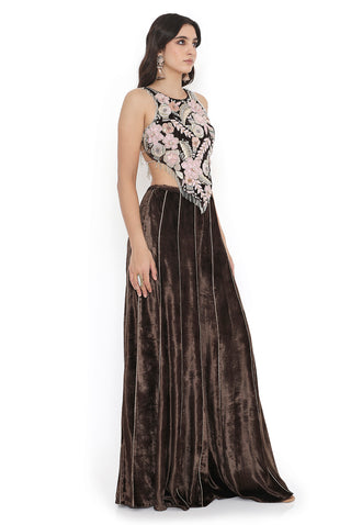 Brown embroidered choli with sharara