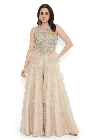 Offwhite embroidered choli and gold tissue frill sharara