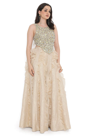 Offwhite embroidered choli and gold tissue frill sharara
