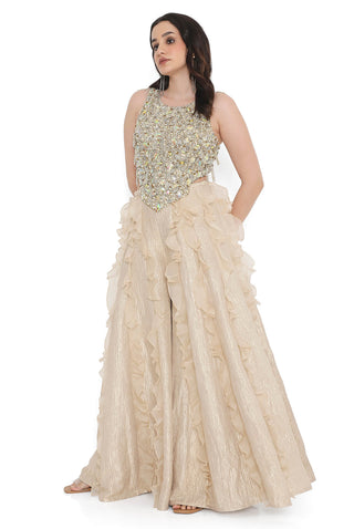 Offwhite embroidered choli and gold tissue frill sharara