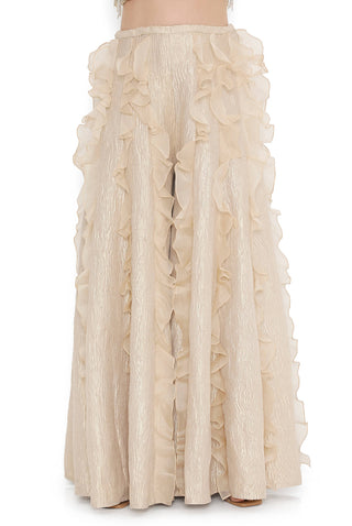 Offwhite embroidered choli and gold tissue frill sharara