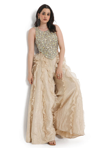 Offwhite embroidered choli and gold tissue frill sharara