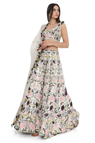 Ivory lotus embroidered choli with sharara and dupatta