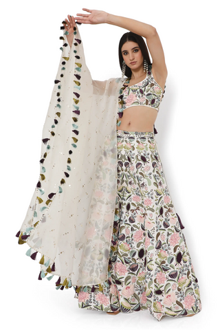 Ivory lotus embroidered choli with sharara and dupatta