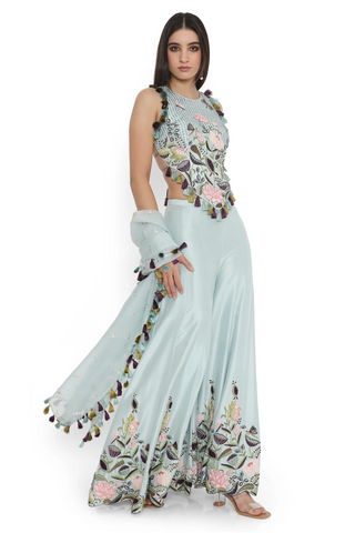 Powder blue embroidered choli with sharara and a dupatta