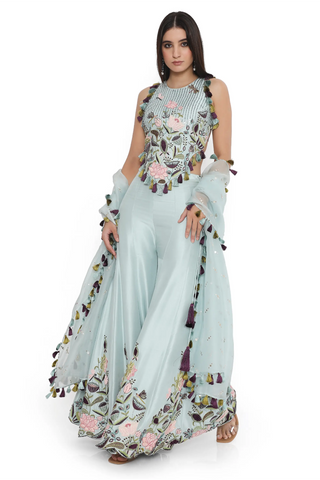 Powder blue embroidered choli with sharara and a dupatta