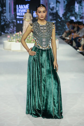 Emerald green embroidered back tie-up choli and sharara pant