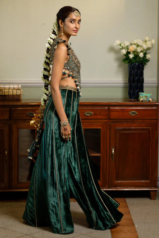 Emerald green embroidered back tie-up choli and sharara pant