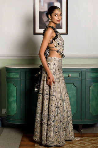 Off white embroidered back tie-up choli and sharara