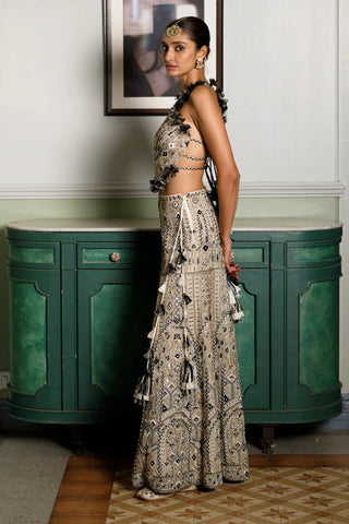 Off white embroidered back tie-up choli and sharara