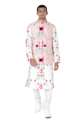 Pink printed bandi and white kurta set