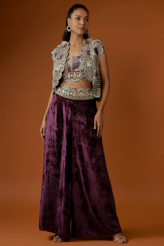 Purple embroidered jacket with bustier and velvet palazzo