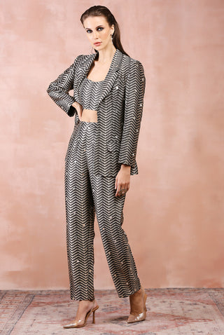 Black embroidered blazer, bustier and pant