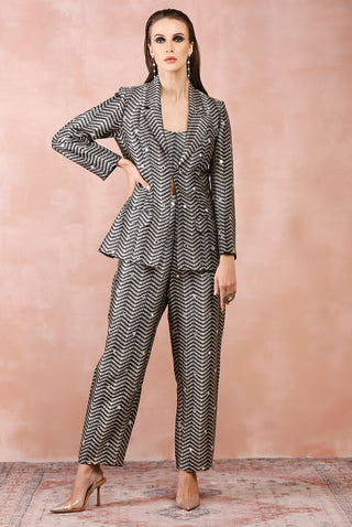 Black embroidered blazer, bustier and pant