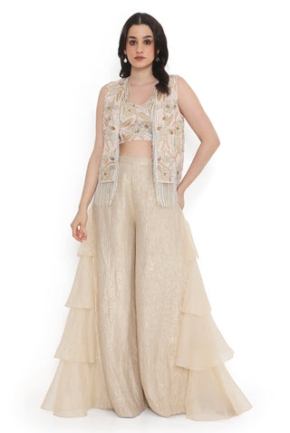 Rose pink embroidered jacket, bustier and ruffled pant