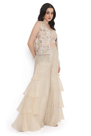 Rose pink embroidered jacket, bustier and ruffled pant