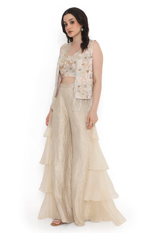 Rose pink embroidered jacket, bustier and ruffled pant