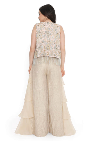 Rose pink embroidered jacket, bustier and ruffled pant