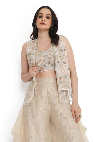 Rose pink embroidered jacket, bustier and ruffled pant