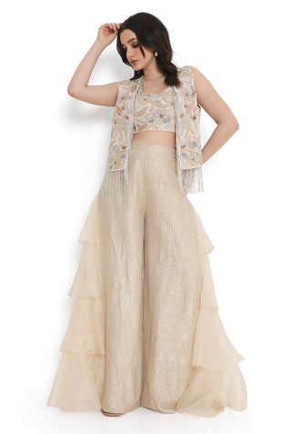 Rose pink embroidered jacket, bustier and ruffled pant