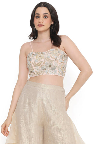 Rose pink embroidered jacket, bustier and ruffled pant