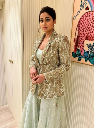 Mint green embroidered blazer and bustier with sharara
