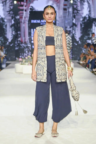 Off white embroidered sleevless blazer and black ballon pant